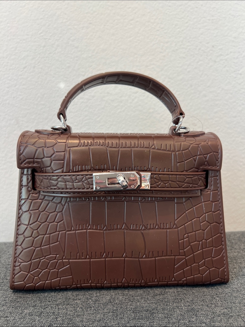 Classic Croc-Embossed Top-Handle Bag in Brown jelly material